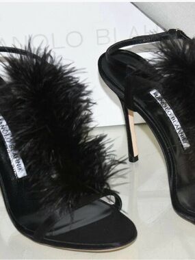 Manolo Blahnik Black Ostrich Feather Ankle-Strap Slide heels